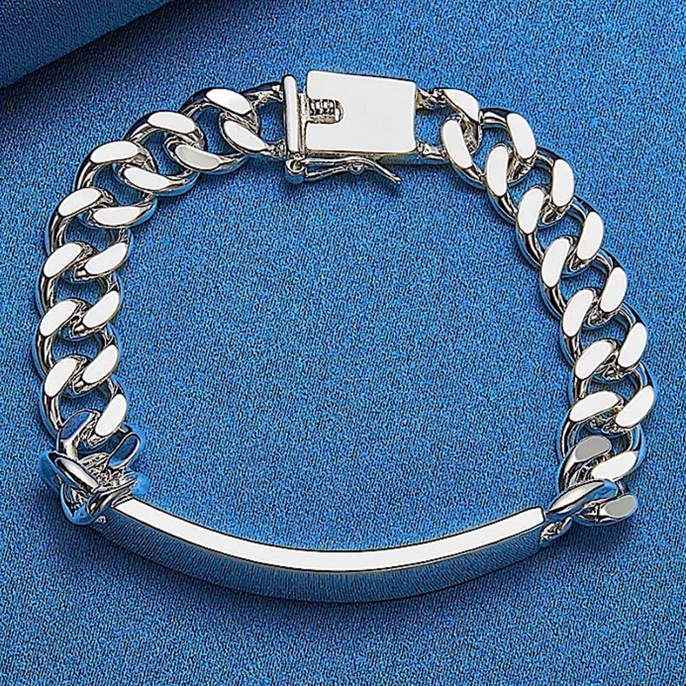 Unisex Sterling Silver 10mm Nameplate Bracelet Cuban Chain Link Sizes Vary - Picture 5 of 10